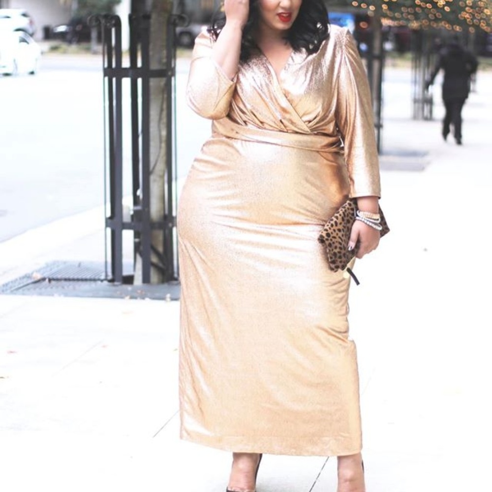 Eloquii Studio Metallic Gold Textured Wrap Dress